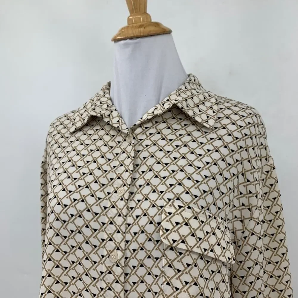 Pleione Shirt Womens M Medium Beige Black Check Tab Sleeve Button Up Pocket
